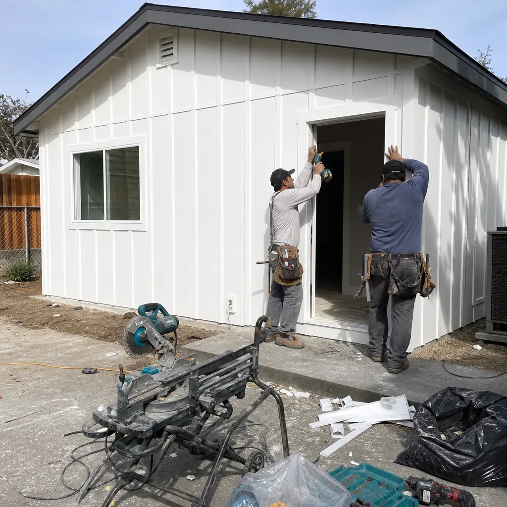 Two contractors installing door trim on a modern white ADU