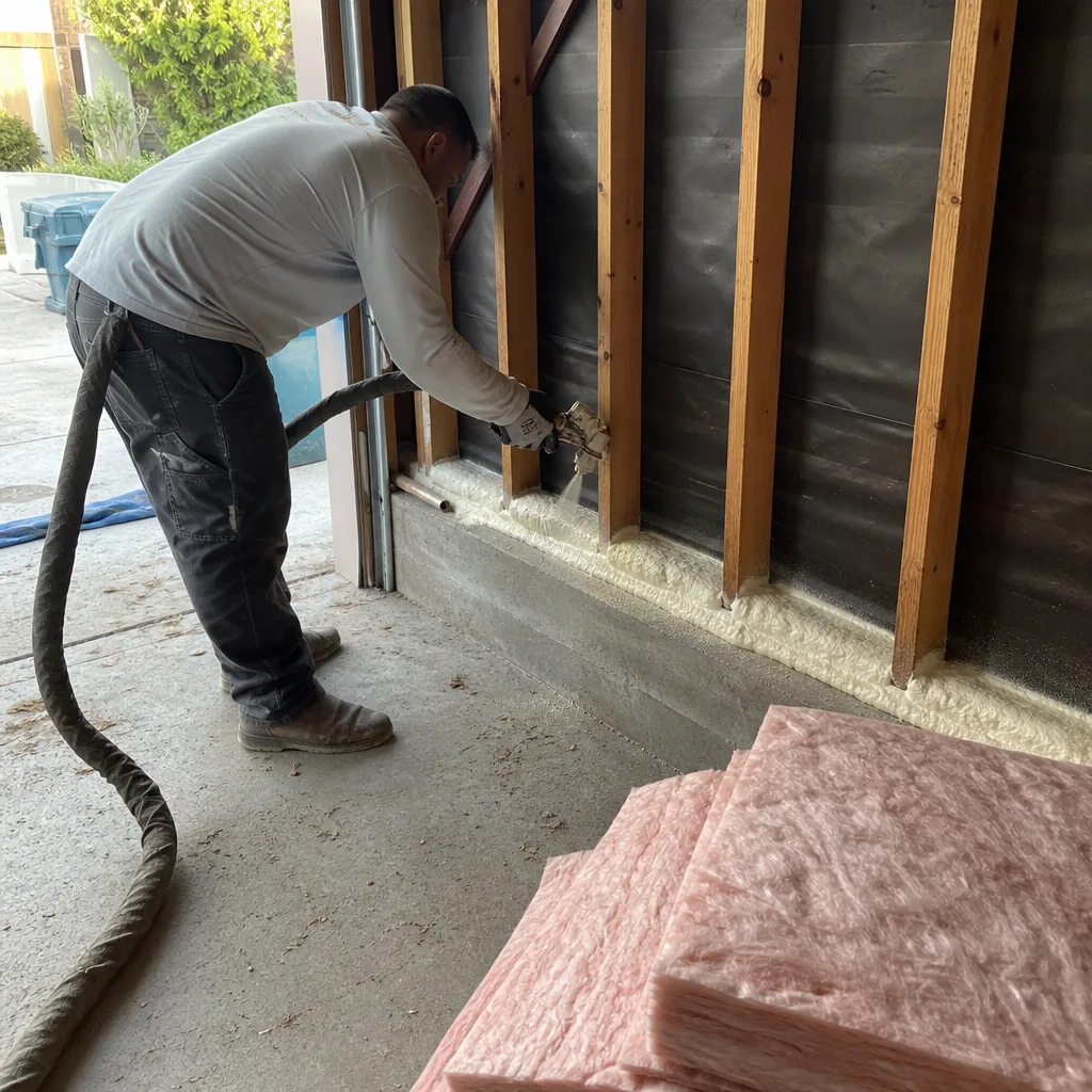 Contractor applying spray foam insulation for garage conversion