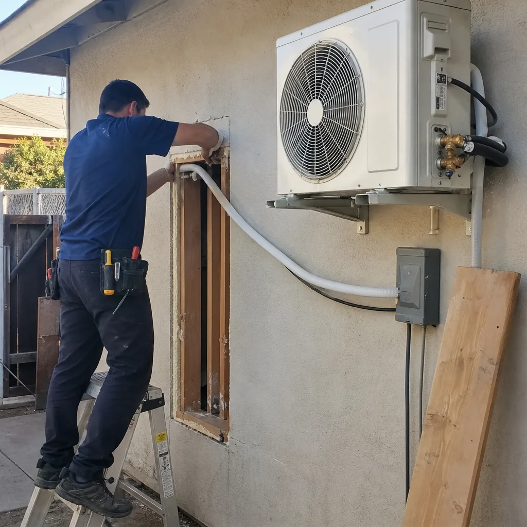 Contractor installing HVAC unit during a professional garage conversion project
