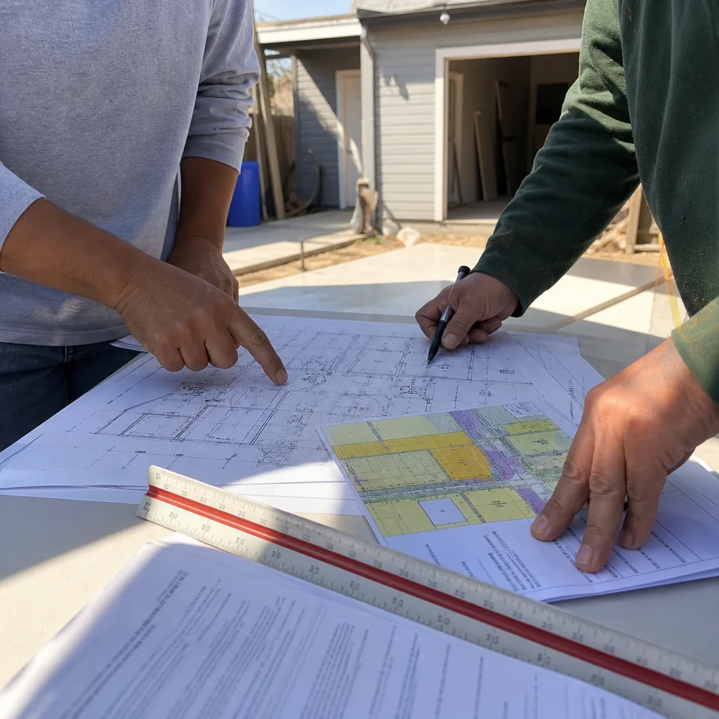 Contractors reviewing construction blueprints and site plans for a room addition