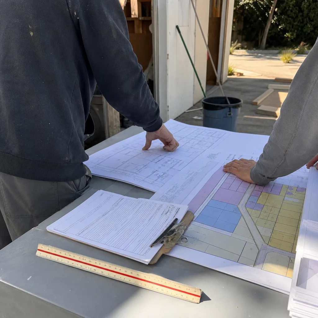 Two construction contractors reviewing architectural floor plans and project maps
