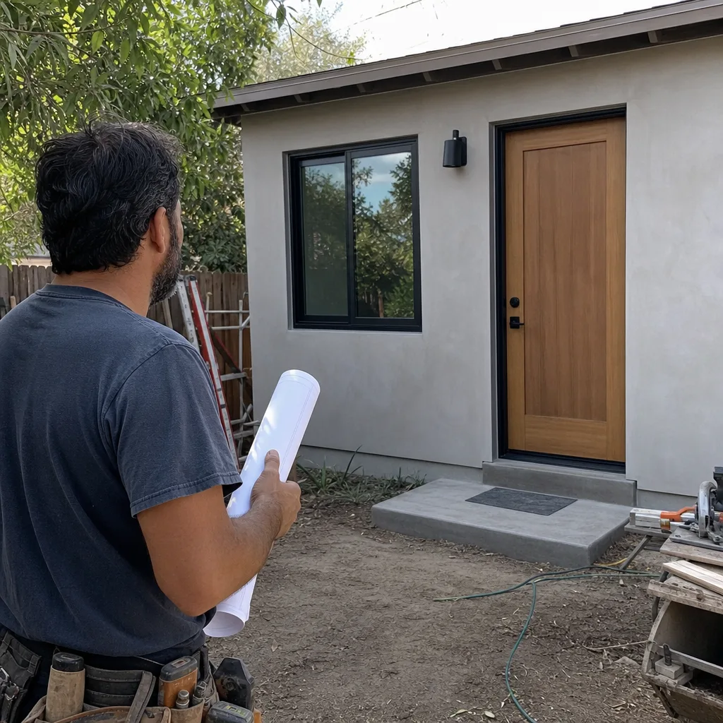 Contractor holding blueprints in front of a modern backyard ADU
